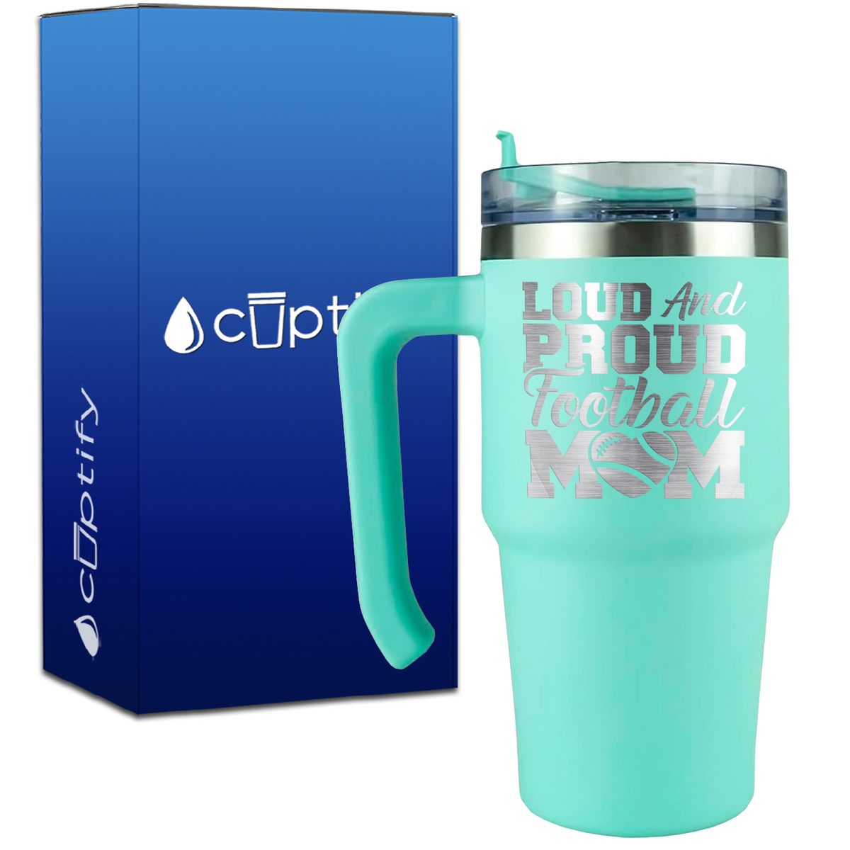 Loud and Proud Football Mom Heart on 20oz Football Travel Mug