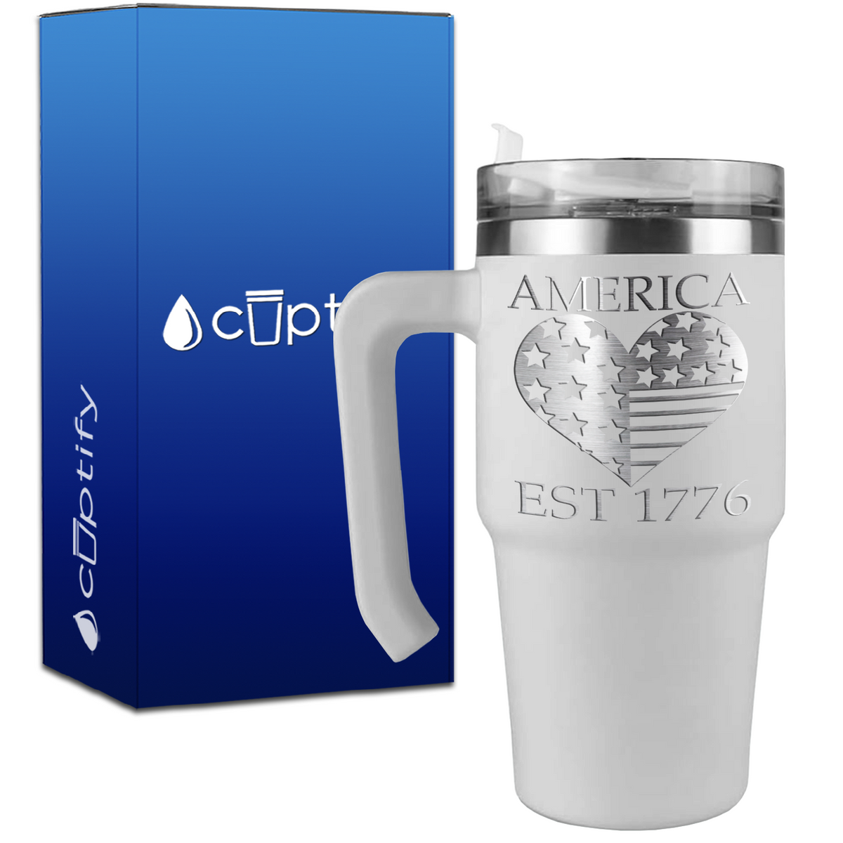 America Est 1776 Heart on 20oz 4th of July Travel Mug
