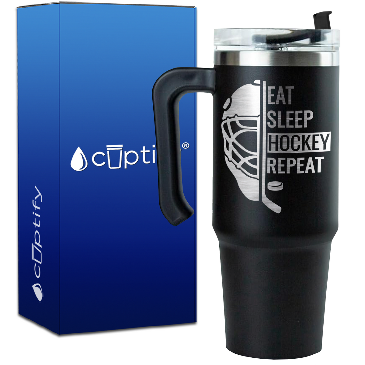 Eat. Sleep. Hockey. Repeat. Helmet on 30oz Hockey Travel Mug