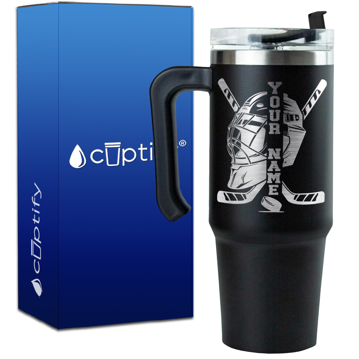 Personalized Hockey Goalie Helmet and Sticks on 30oz Hockey Travel Mug