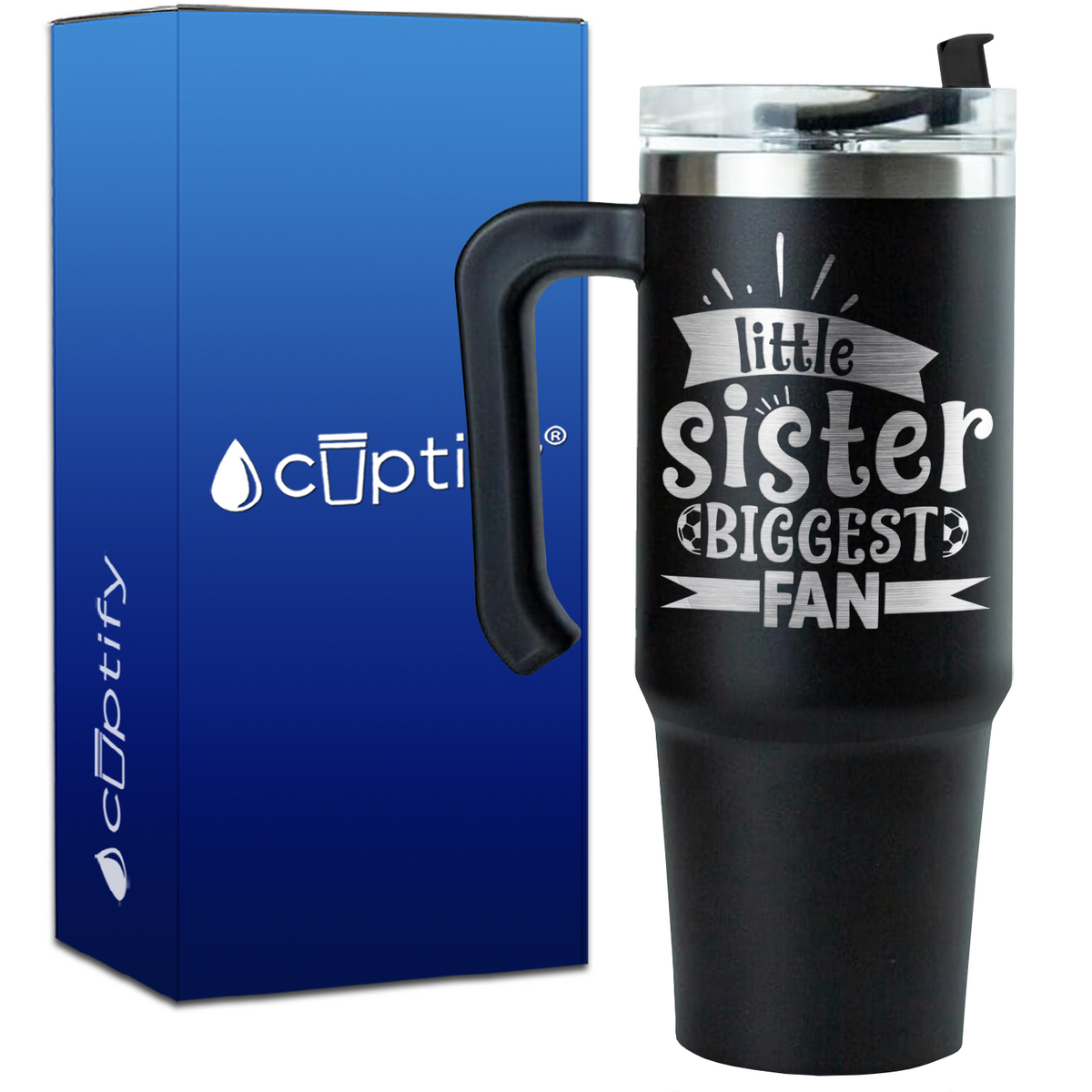 Little Sister Biggest Fan Soccer on 30oz Soccer Travel Mug