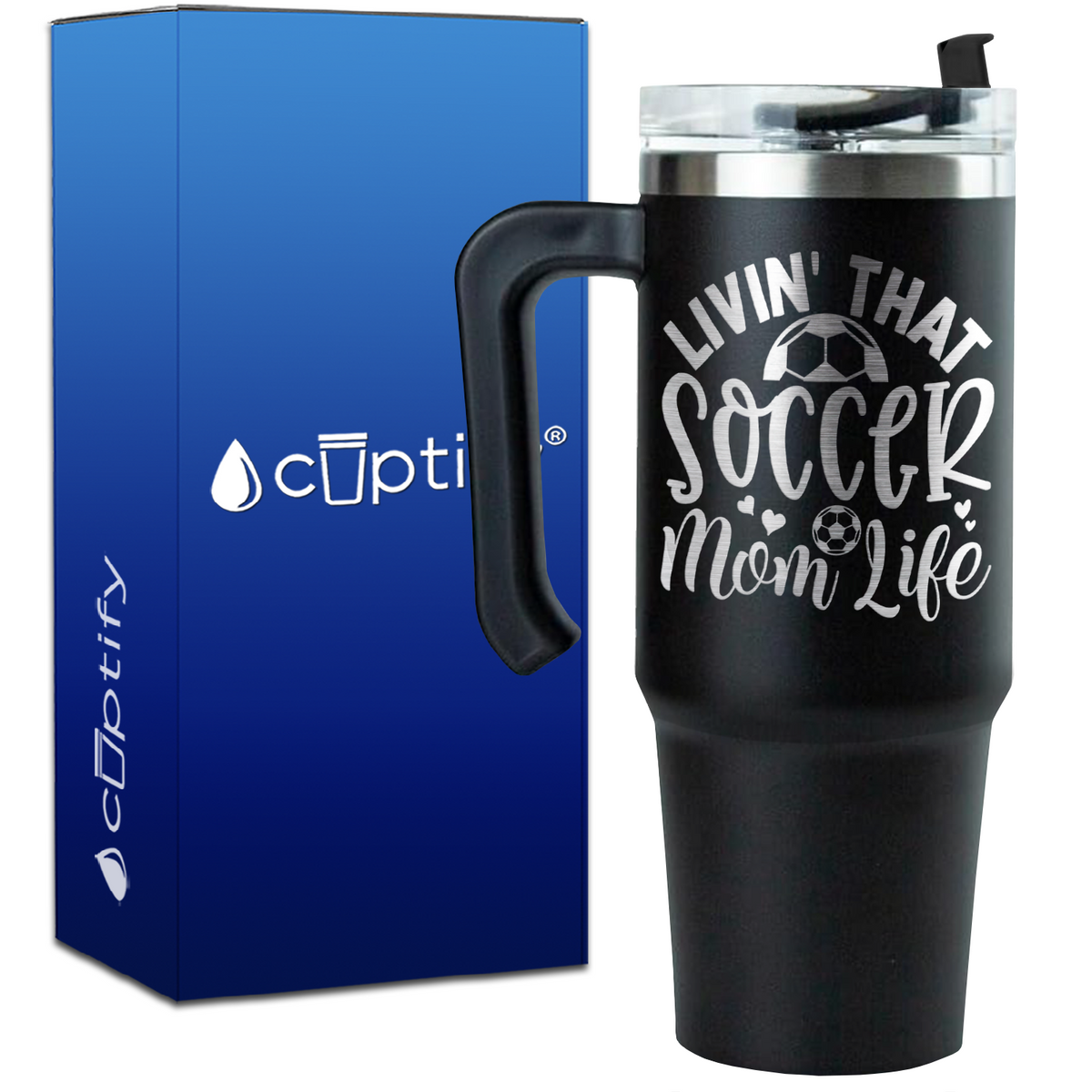 Livin' that Soccer Mom Life Hearts and Ball on 30oz Soccer Travel Mug