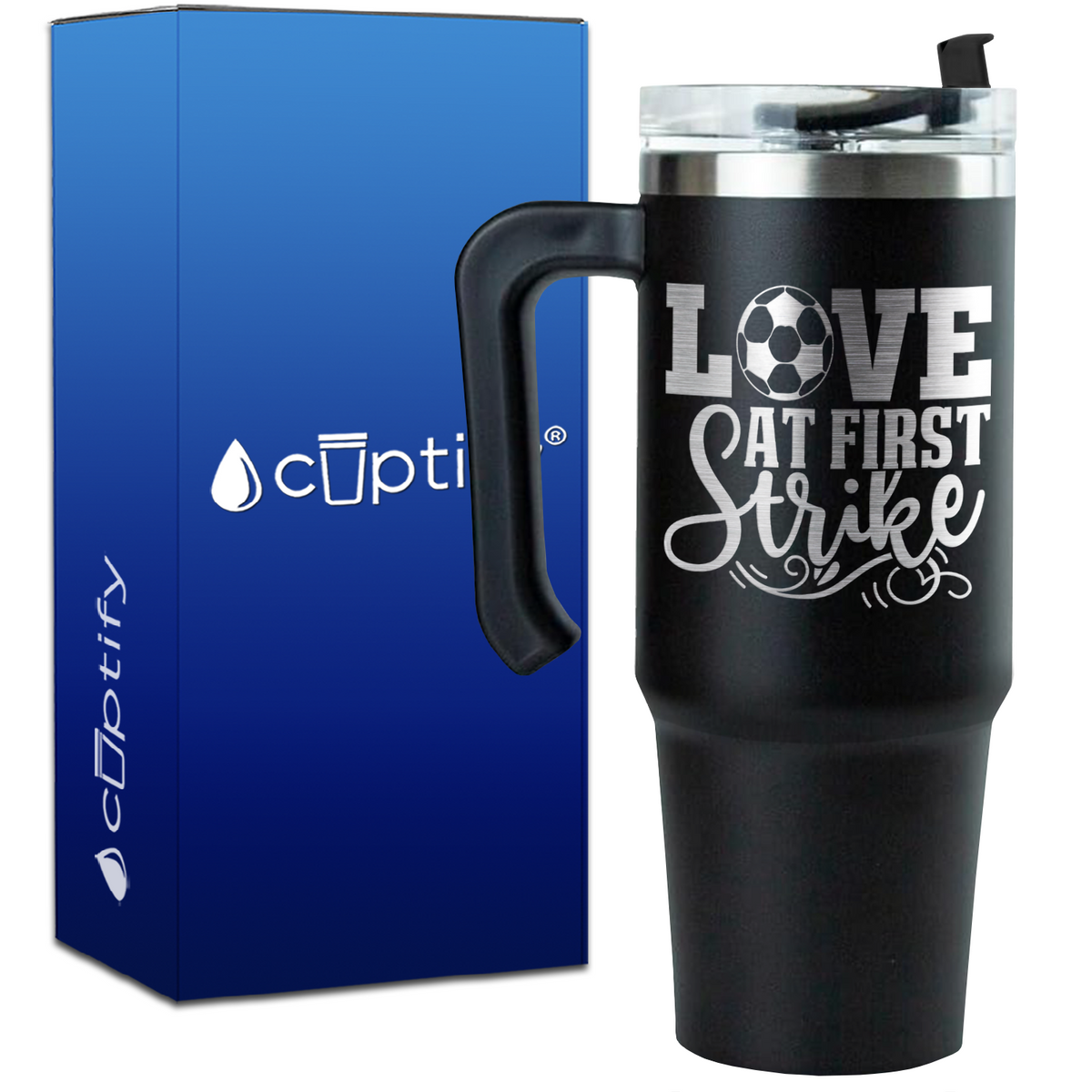 Love at First Strike on 30oz Soccer Travel Mug