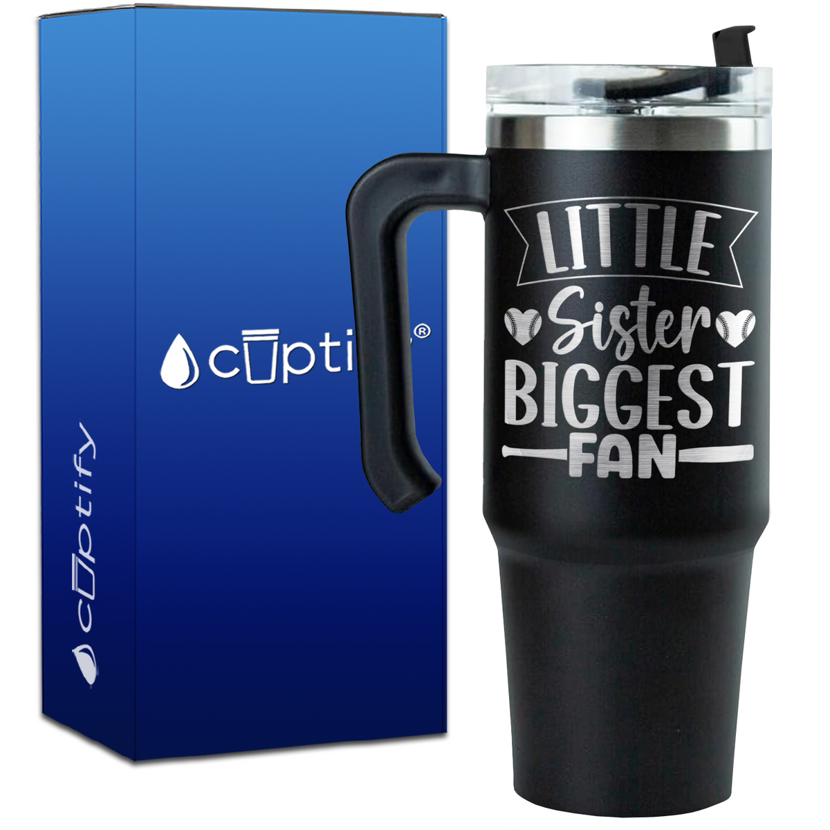 Little Sister Biggest Fan Baseball Hearts on 30oz Baseball Travel Mug