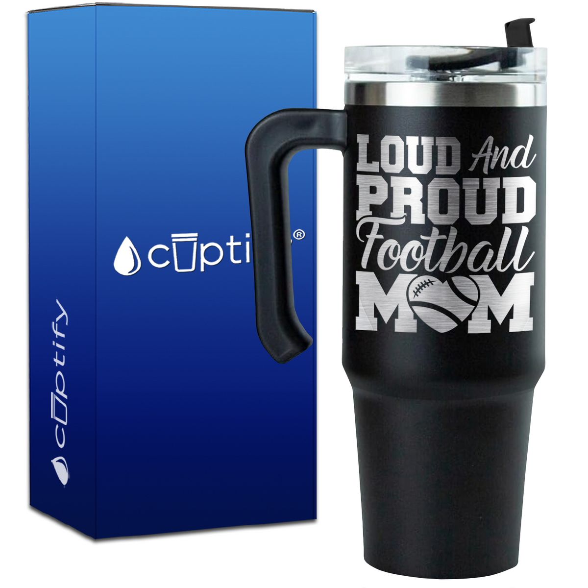 Loud and Proud Football Mom Heart on 30oz Football Travel Mug