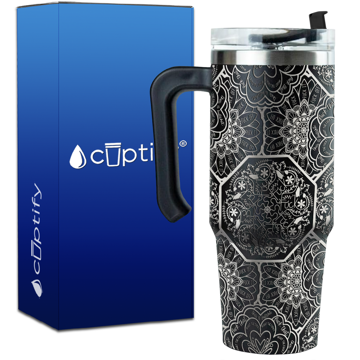 Mandalas of Mischief Hidden Swear Words Laser Wrap on 30oz Funny Travel Mug