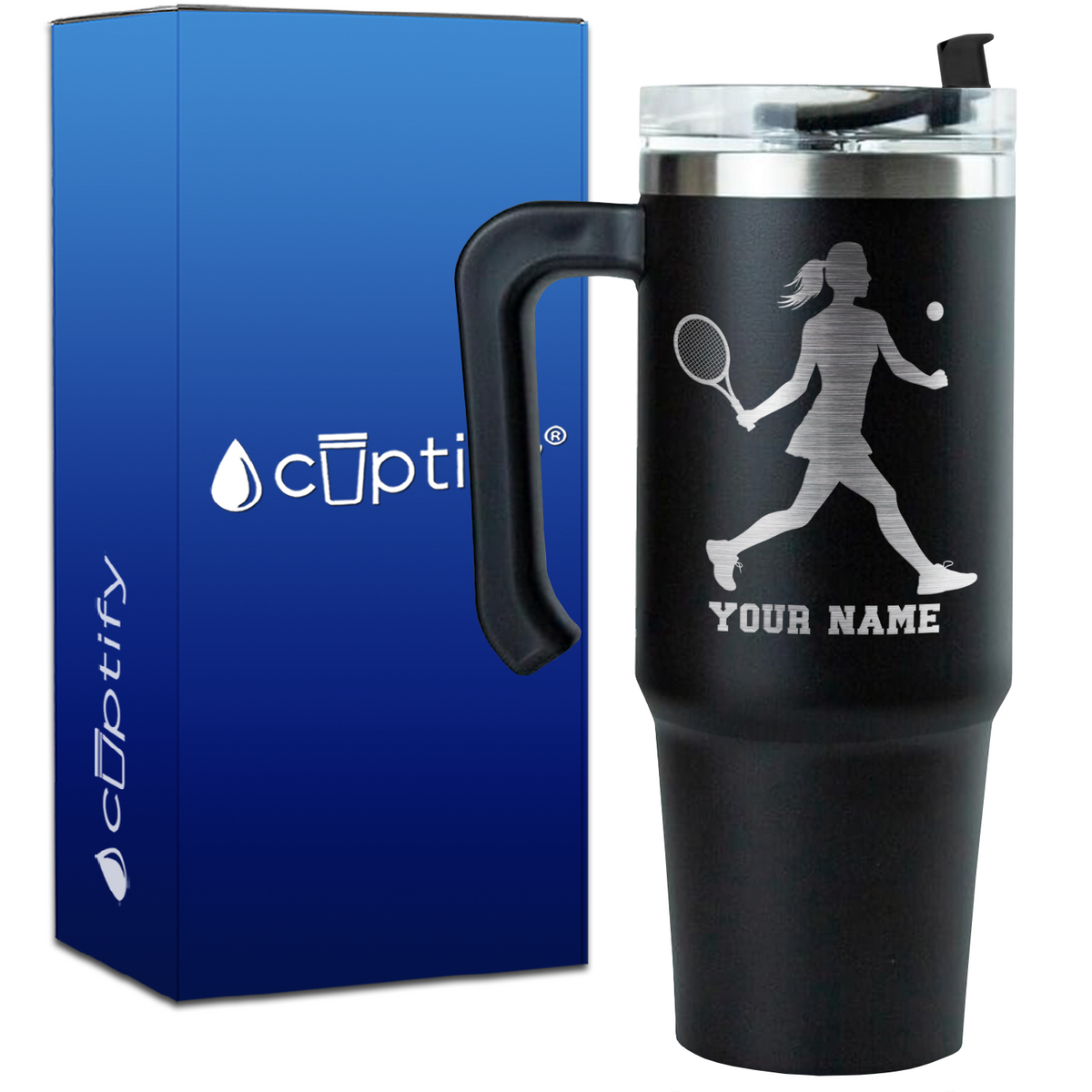 Personalized Female Tennis Player Silhouette on 30oz Tennis Travel Mug