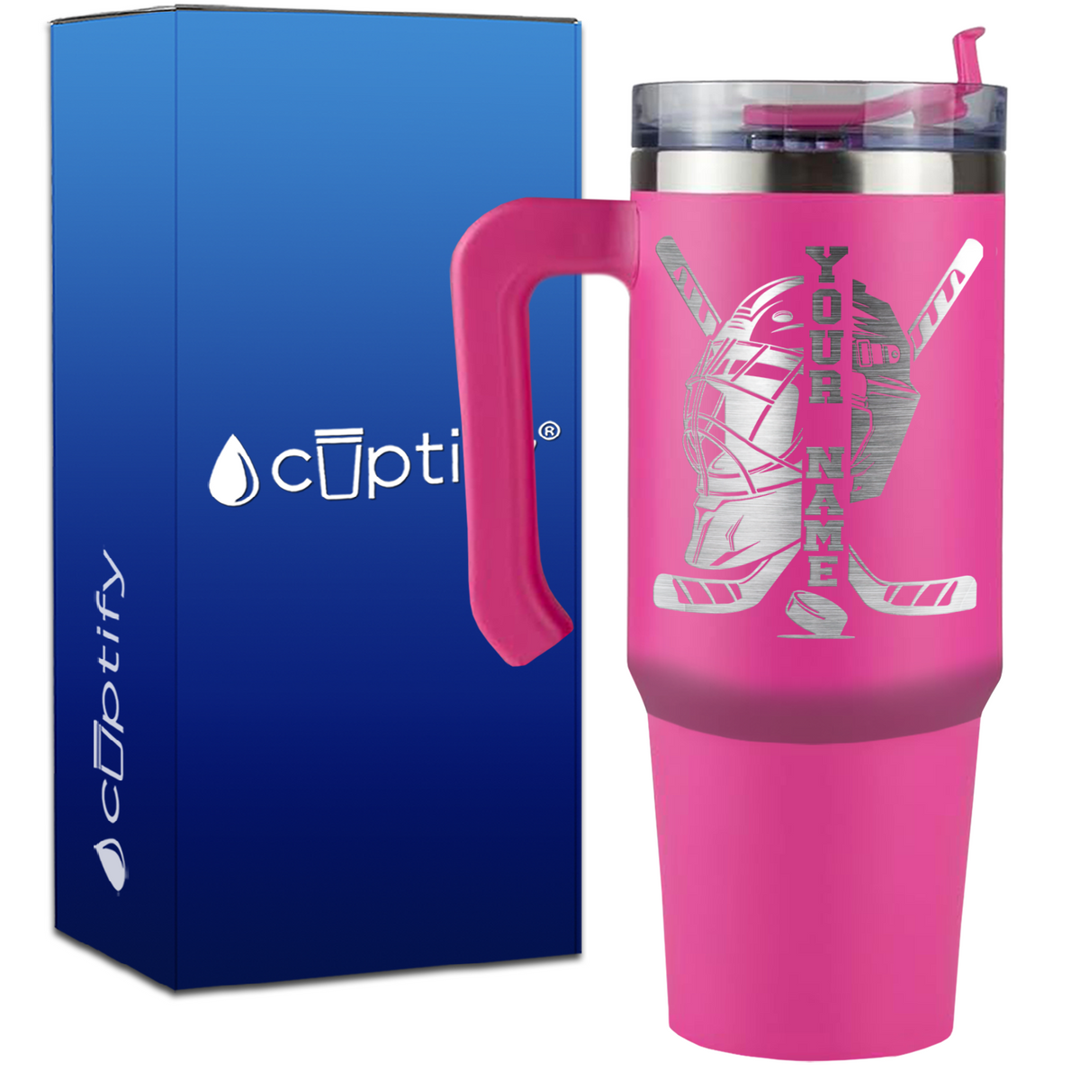 Personalized Hockey Goalie Helmet and Sticks on 30oz Hockey Travel Mug