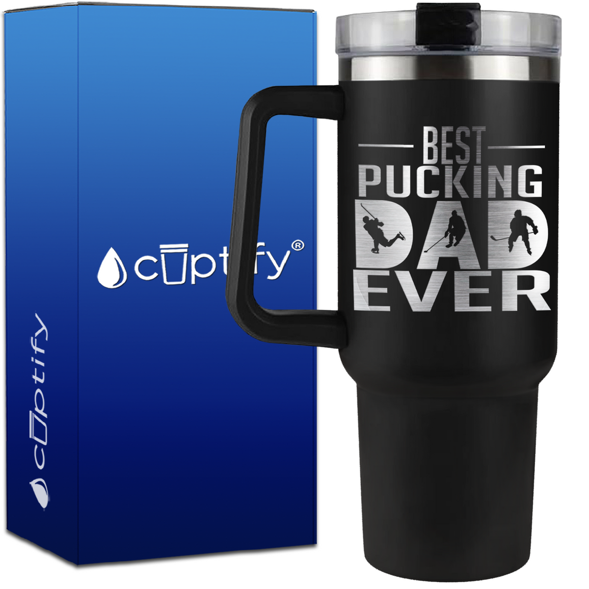 Best Pucking Dad Ever Player Silhouette on 40oz Hockey Traveler Mug