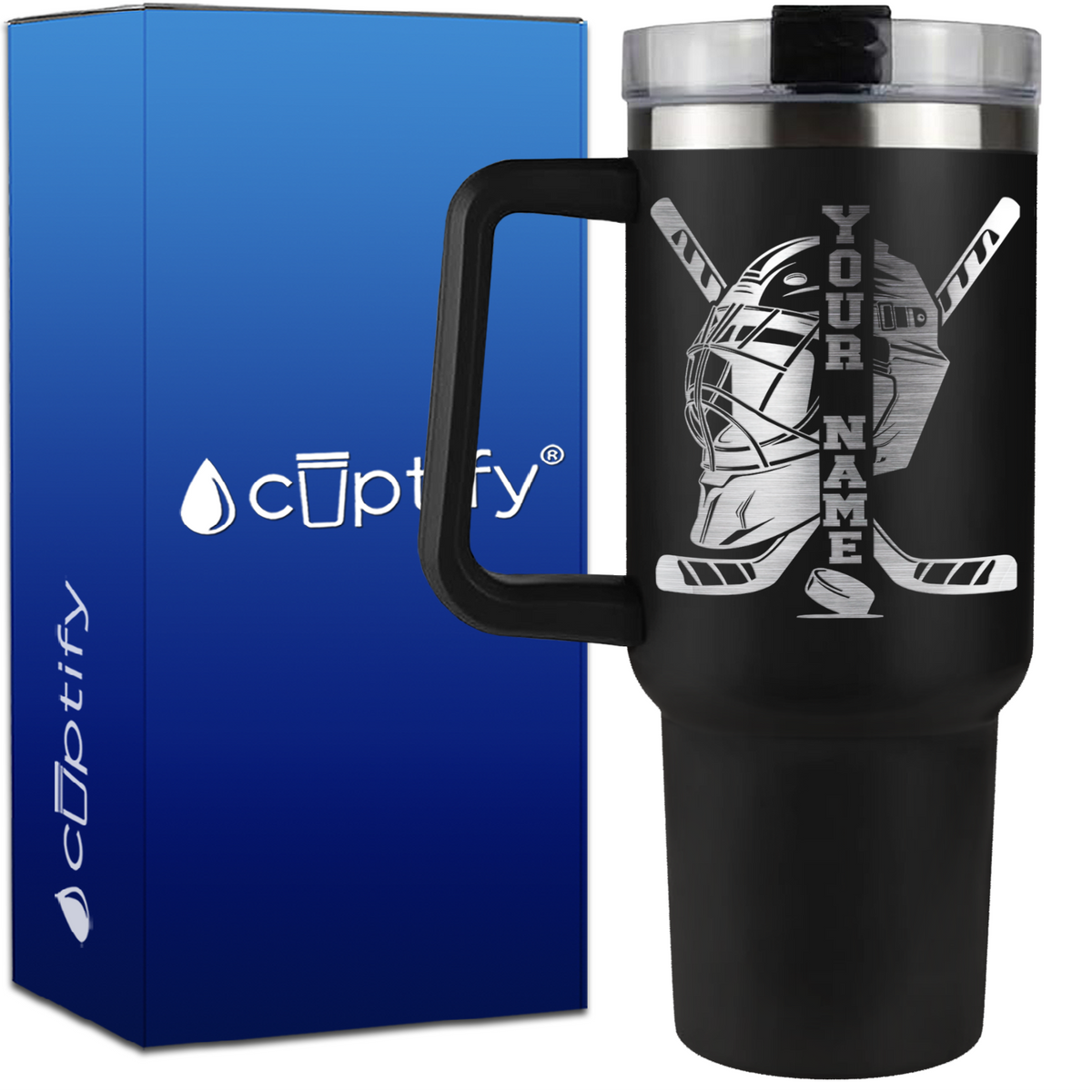 Personalized Hockey Goalie Helmet and Sticks on 40oz Hockey Traveler Mug
