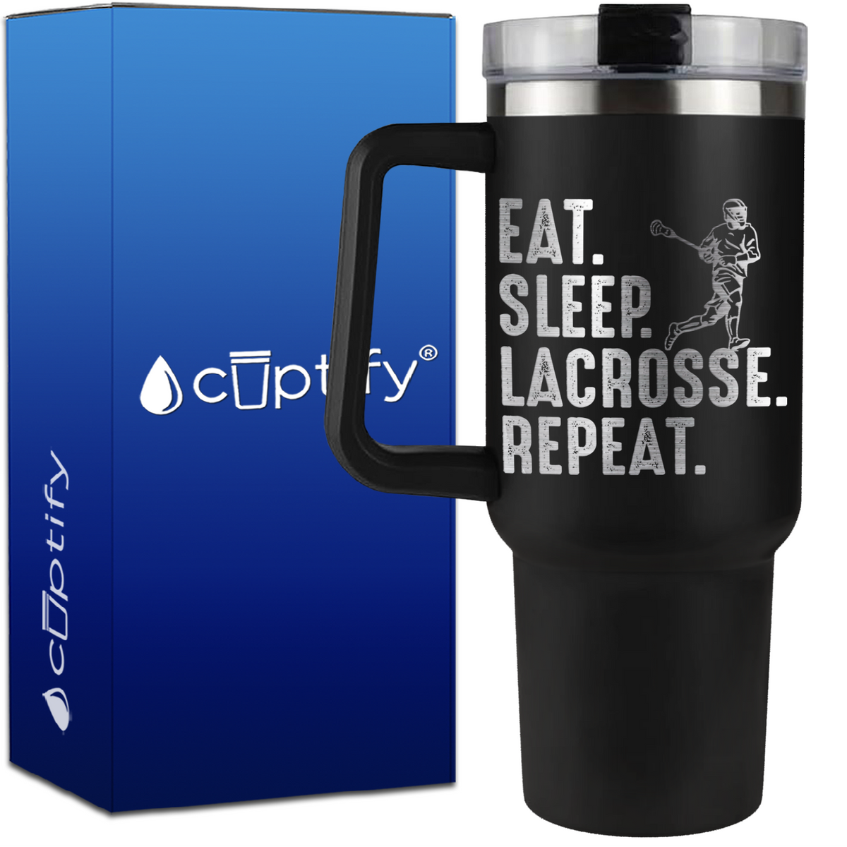 Eat. Sleep. Lacrosse. Repeat. on 40oz Lacrosse Traveler Mug