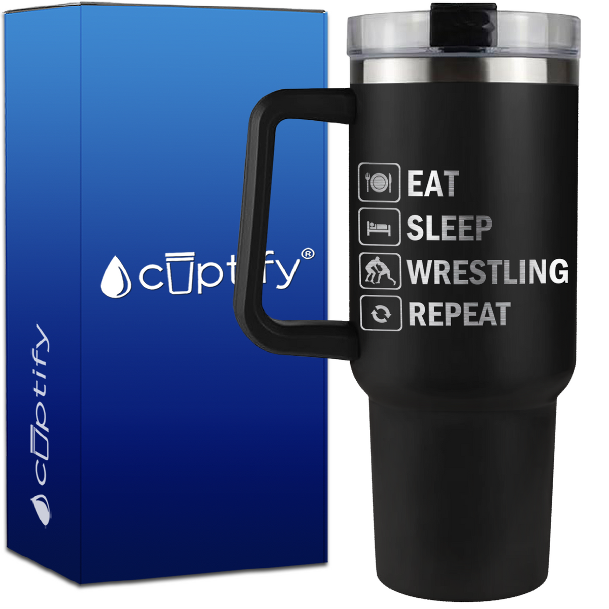 Eat Sleep Wrestling Repeat Icons on 40oz Wrestling Traveler Mug