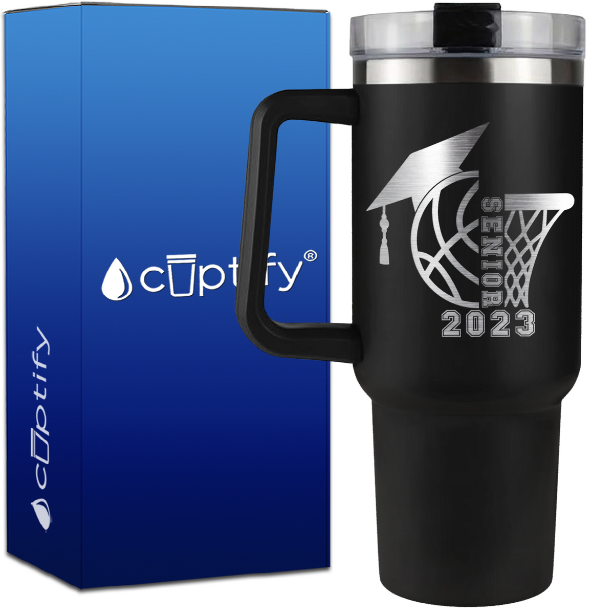 Basketball Senior with Grad Cap on 40oz Basketball Traveler Mug