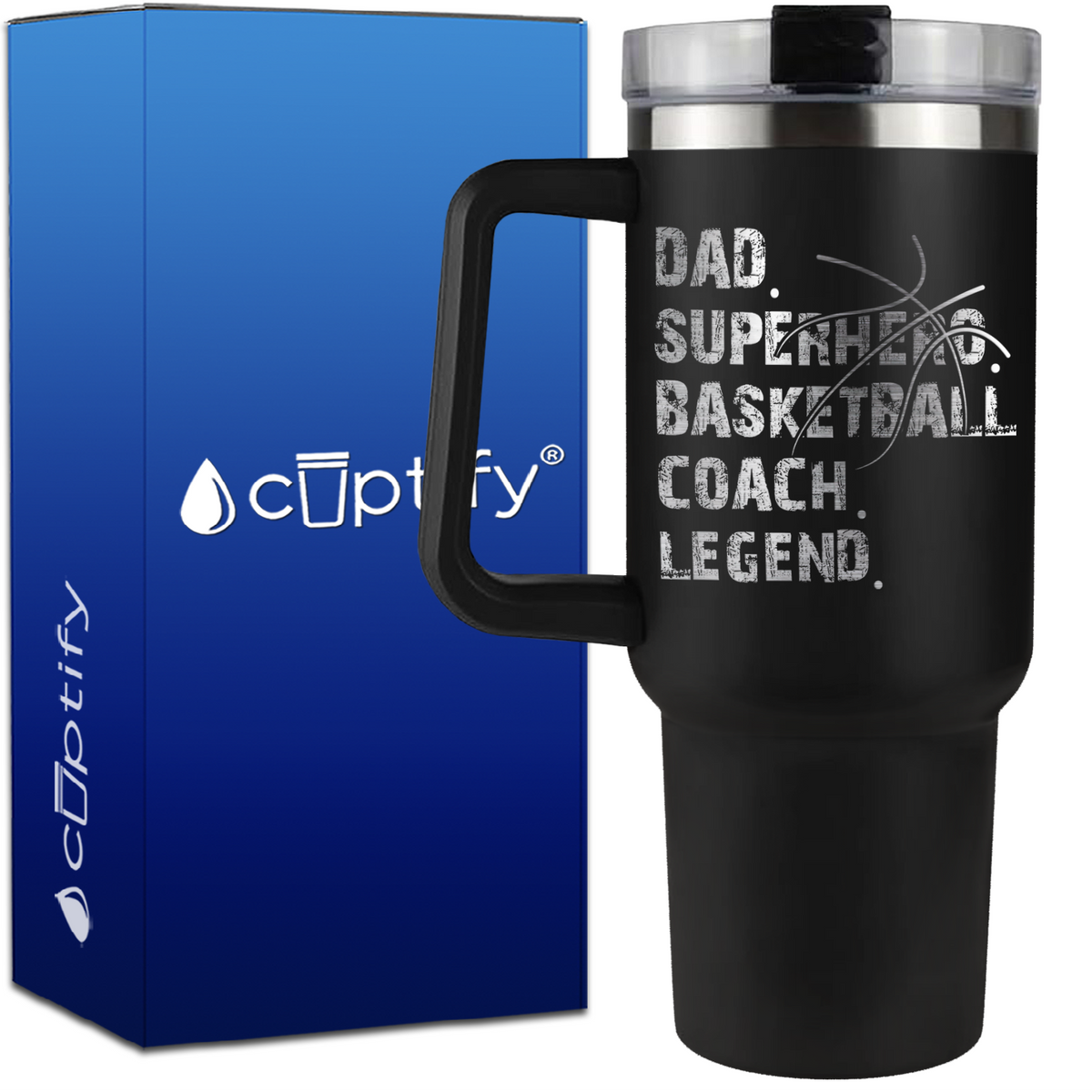 Dad. Superhero. Basketball Coach. Legend. on 40oz Basketball Traveler Mug