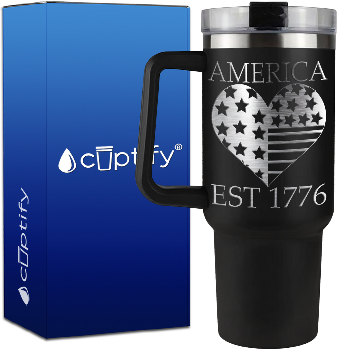 America Est 1776 Heart on 40oz 4th of July Traveler Mug