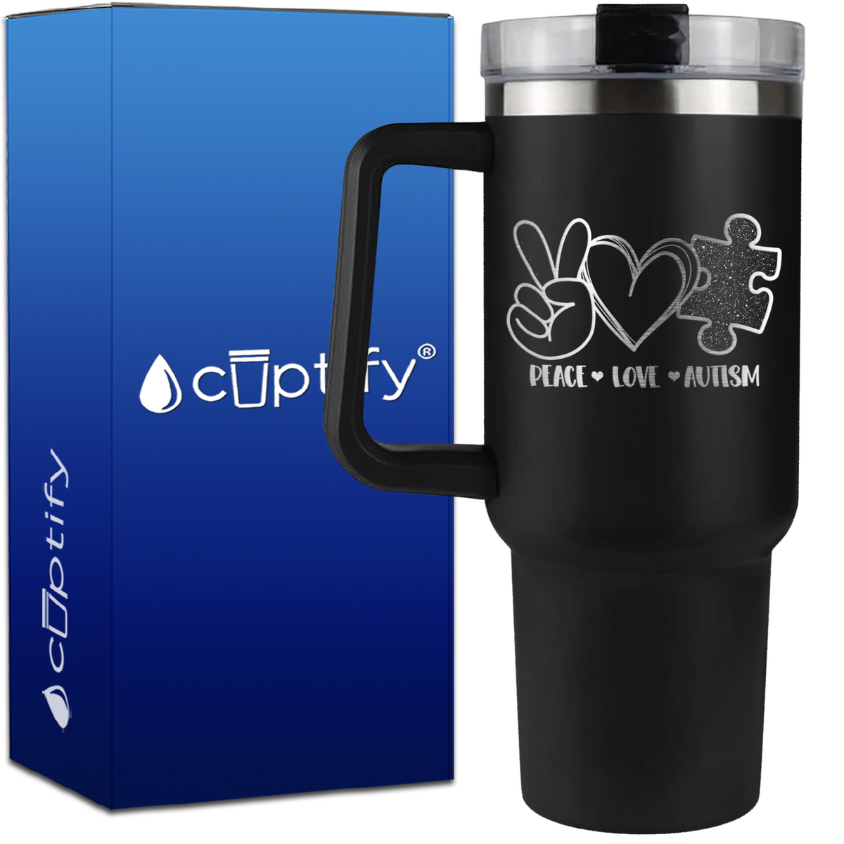 Peace Love Autism on 40oz Autism Traveler Mug