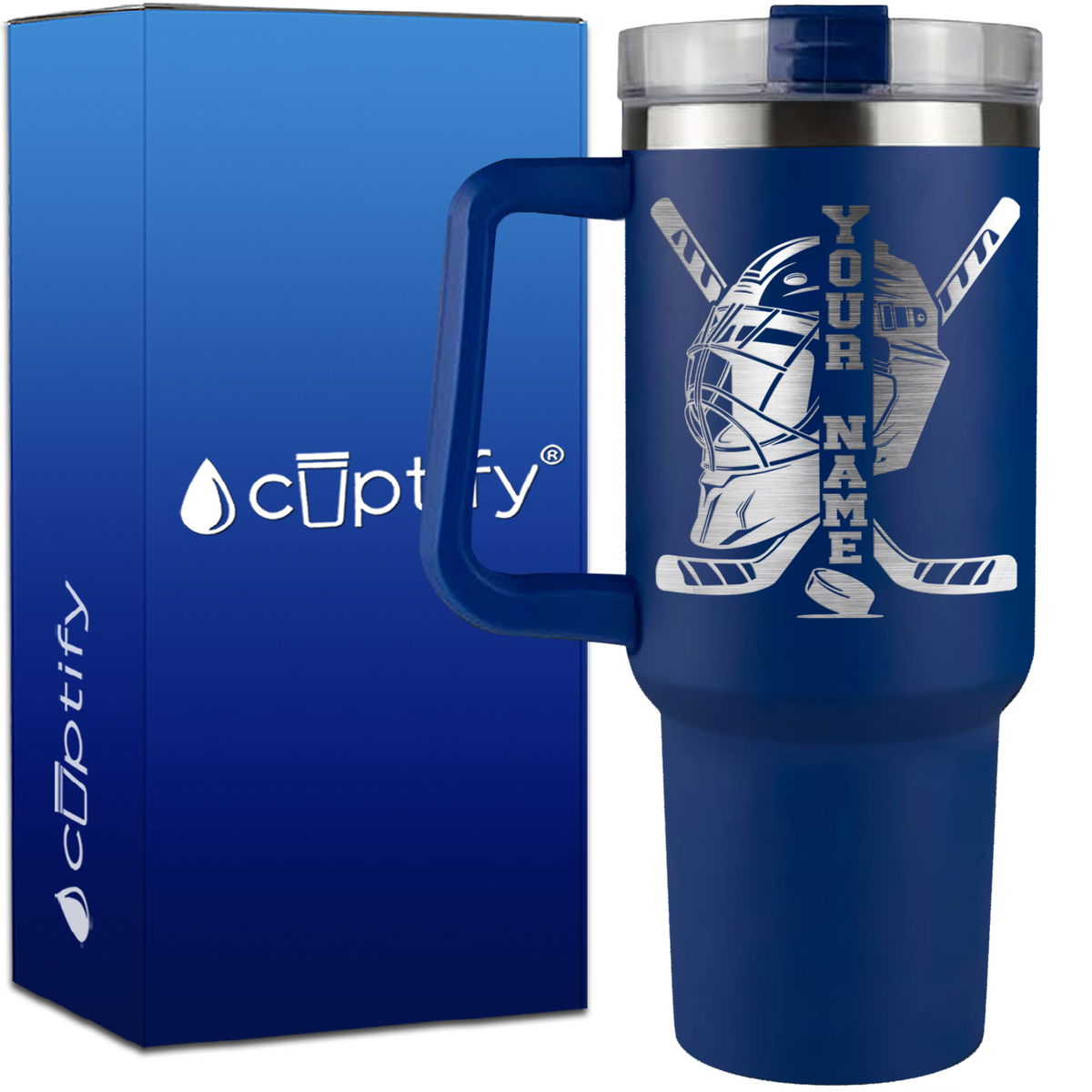 Personalized Hockey Goalie Helmet and Sticks on 40oz Hockey Traveler Mug