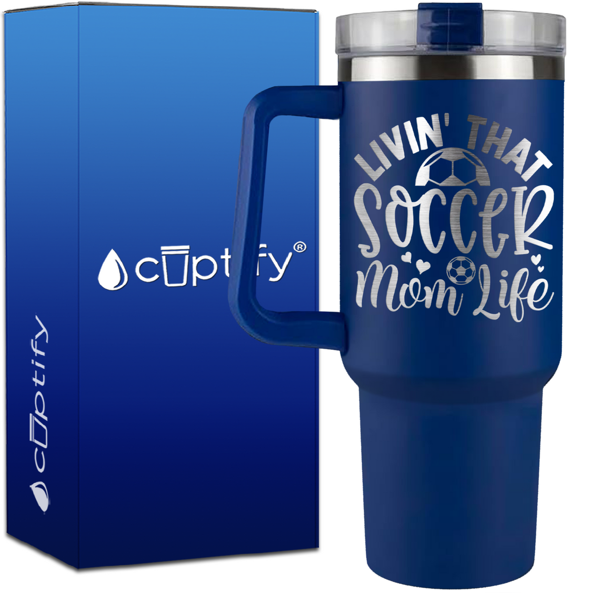 Livin' that Soccer Mom Life Hearts and Ball on 40oz Soccer Traveler Mug