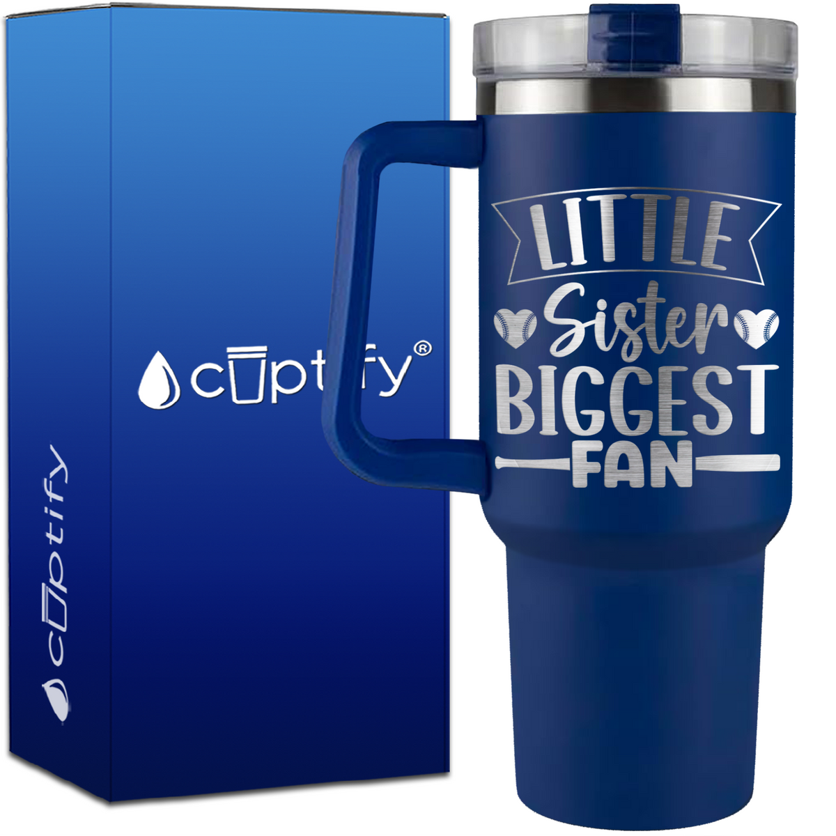 Little Sister Biggest Fan Baseball Hearts on 40oz Baseball Traveler Mug