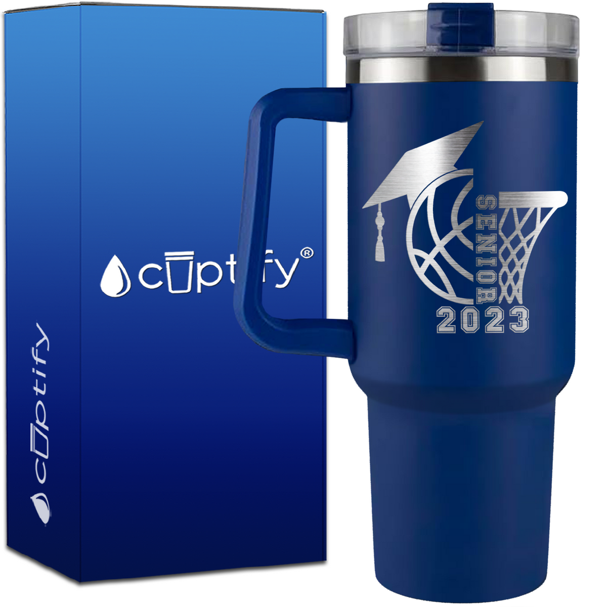 Basketball Senior with Grad Cap on 40oz Basketball Traveler Mug