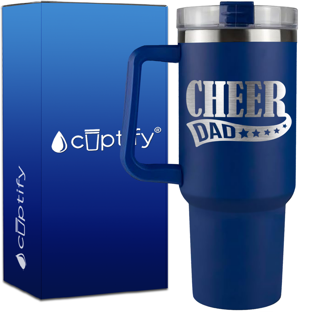 Cheer Dad Swoosh Stars on 40oz Cheer Traveler Mug