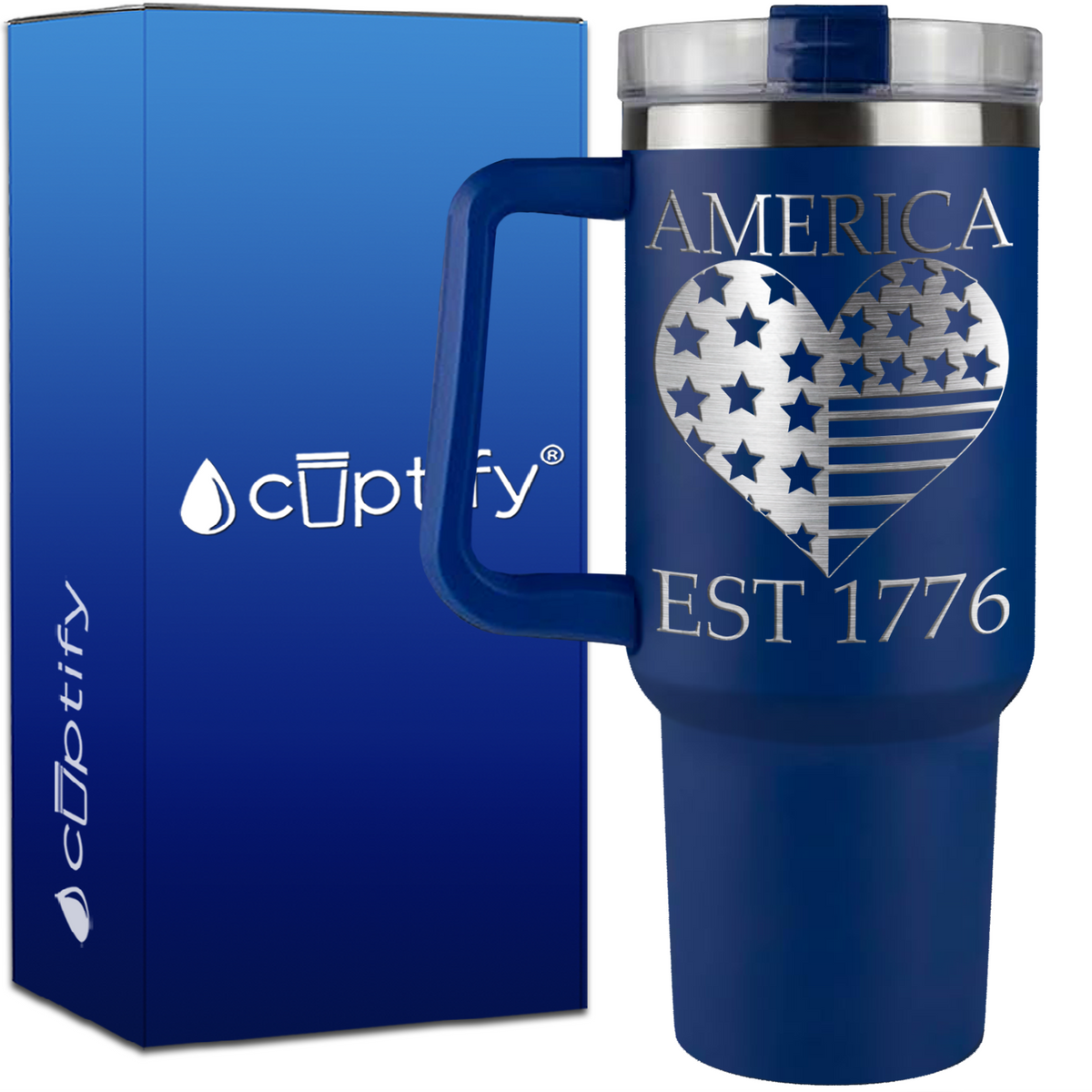 America Est 1776 Heart on 40oz 4th of July Traveler Mug