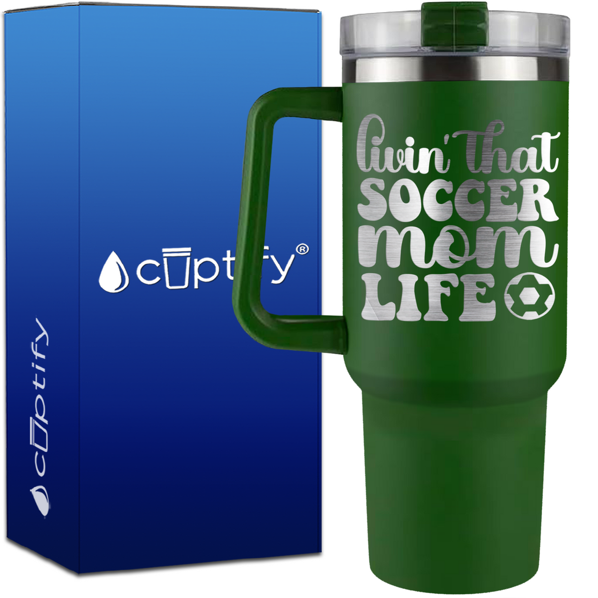 Livin' that Soccer Mom Life with Soccer Ball on 40oz Soccer Traveler Mug