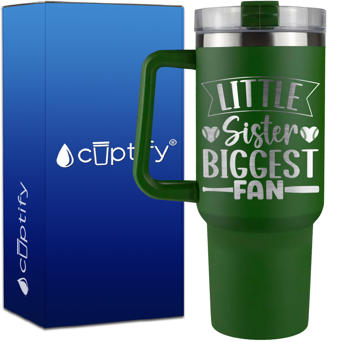 Little Sister Biggest Fan Baseball Hearts on 40oz Baseball Traveler Mug