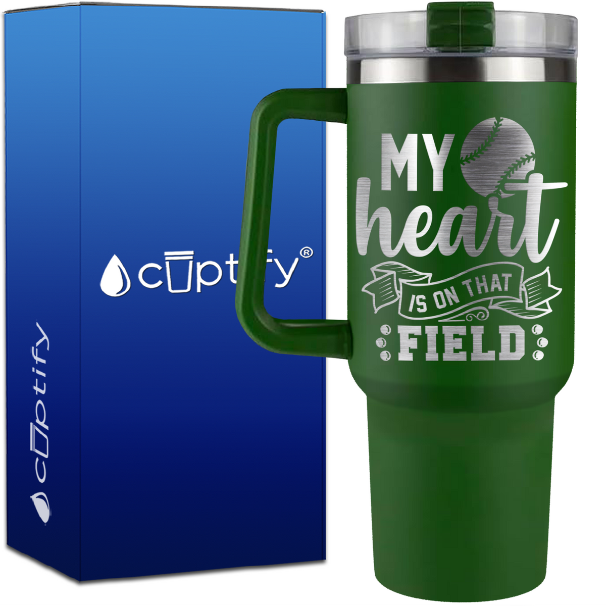 My Heart is on That Field Baseball on 40oz Baseball Traveler Mug