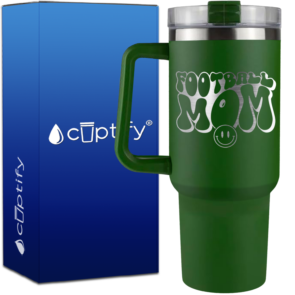 Football Mom Smiley Face on 40oz Football Traveler Mug