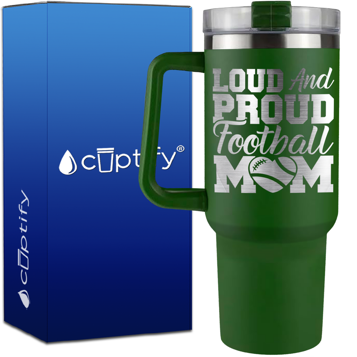 Loud and Proud Football Mom Heart on 40oz Football Traveler Mug