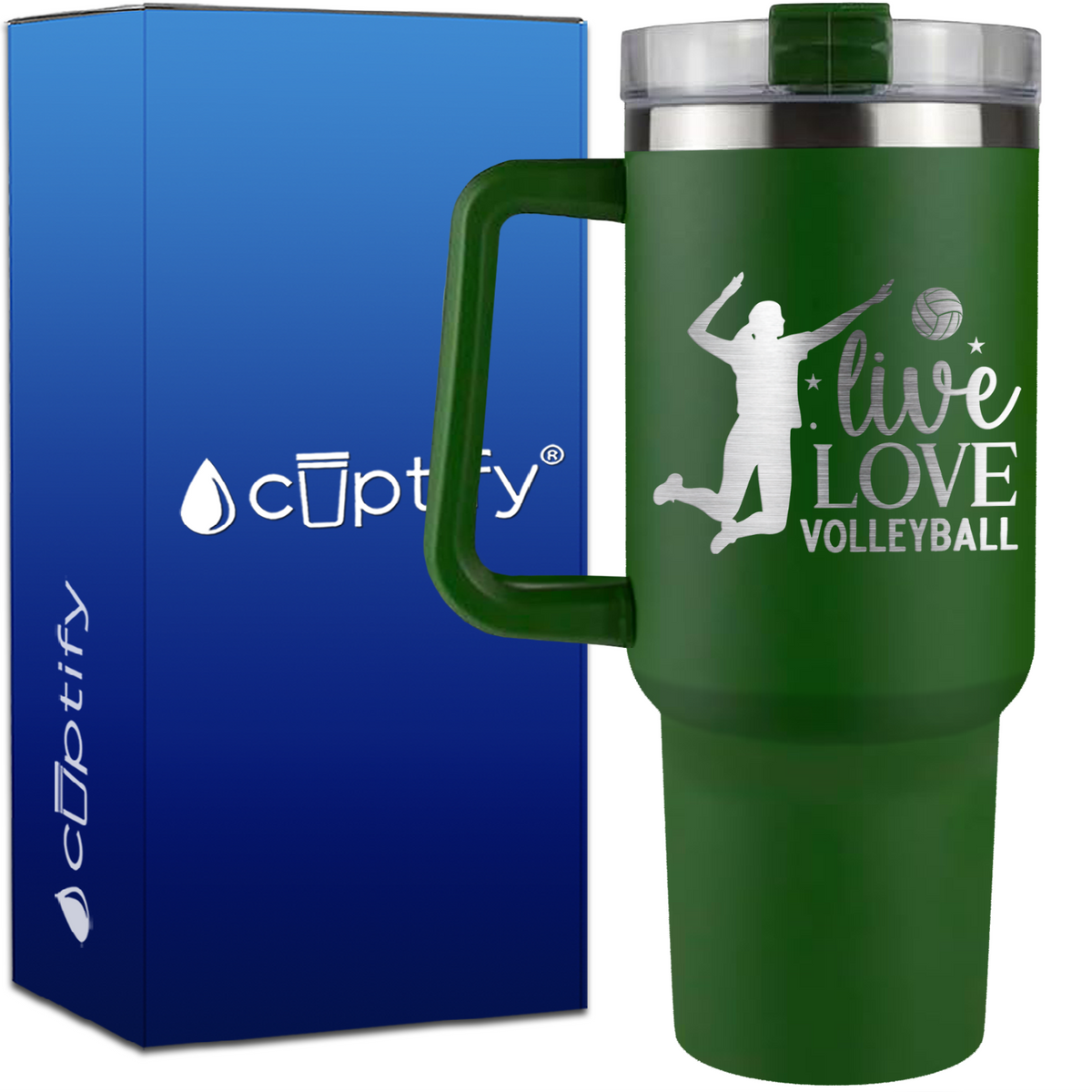 Live Love Volleyball Silhouette on 40oz Volleyball Traveler Mug