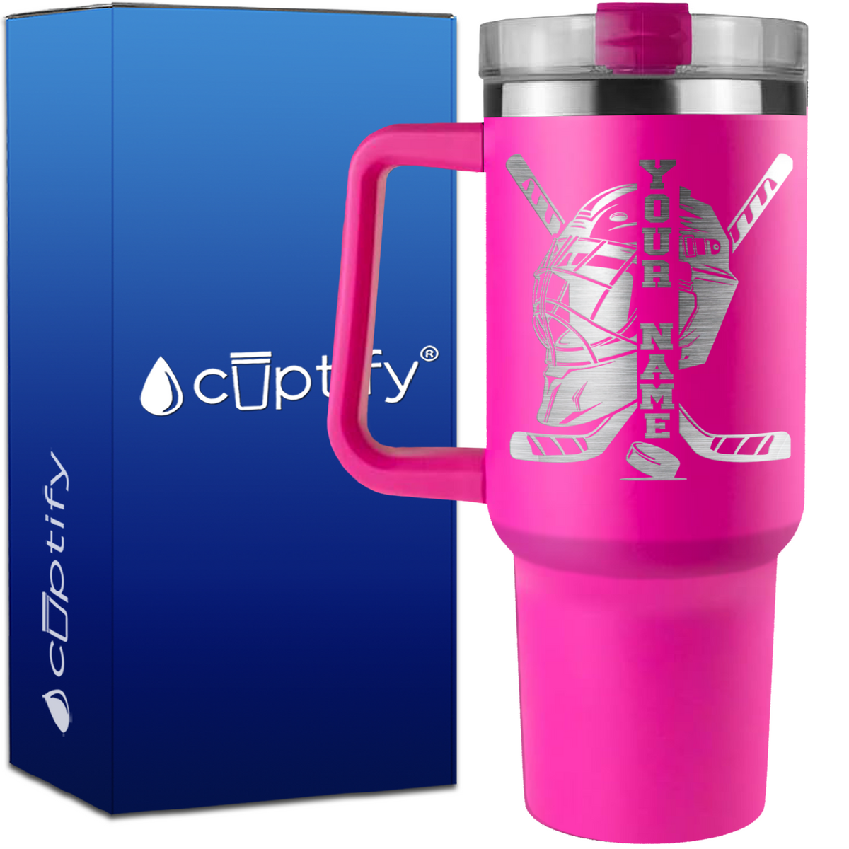 Personalized Hockey Goalie Helmet and Sticks on 40oz Hockey Traveler Mug