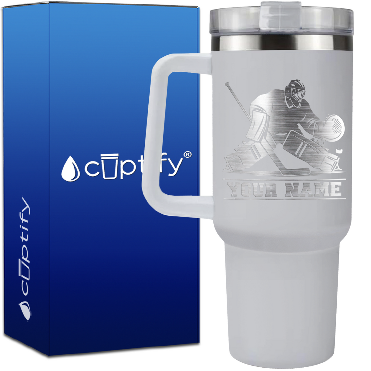 Personalized Hockey Goalie on 40oz Hockey Traveler Mug