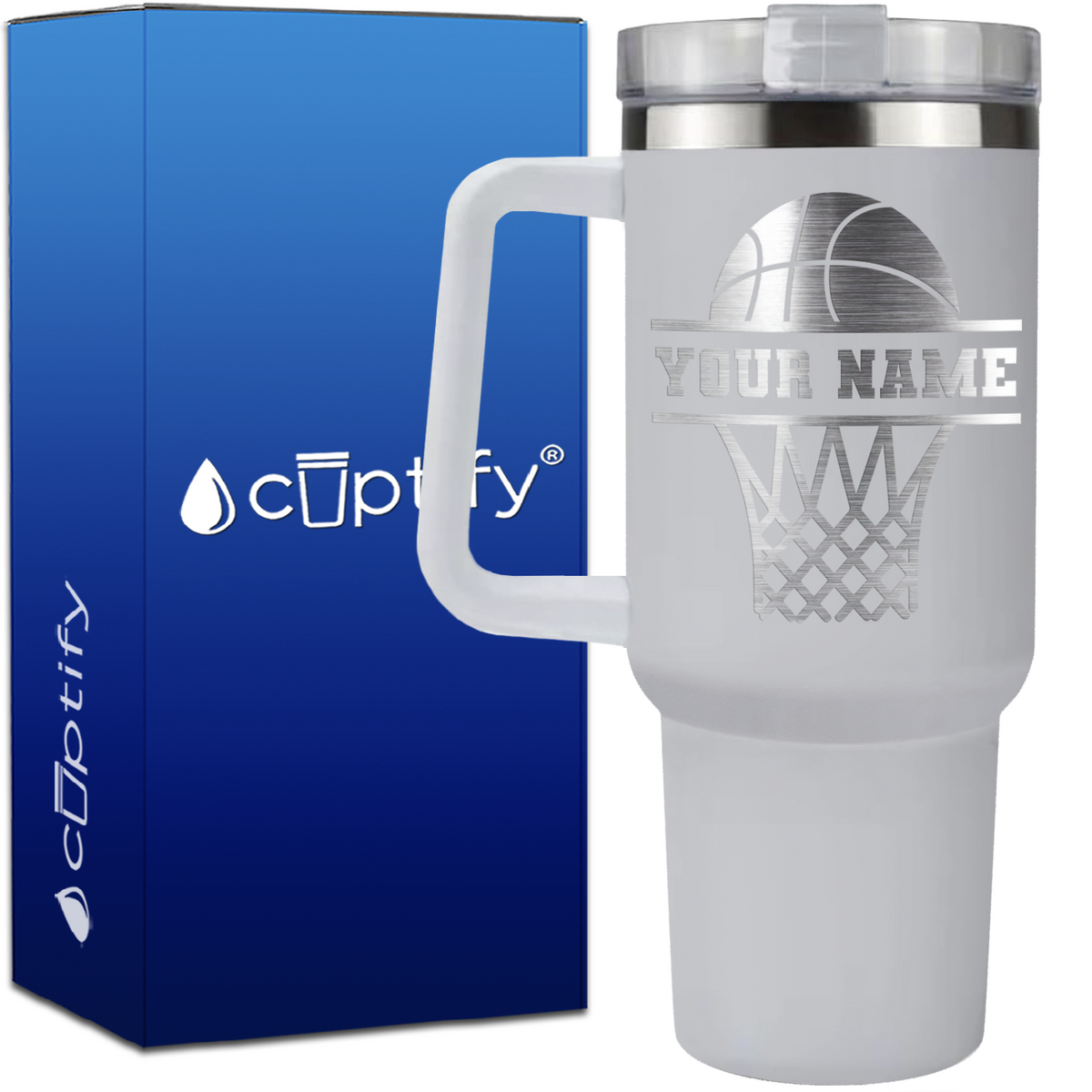 Personalized Basketball and Net on 40oz Basketball Traveler Mug