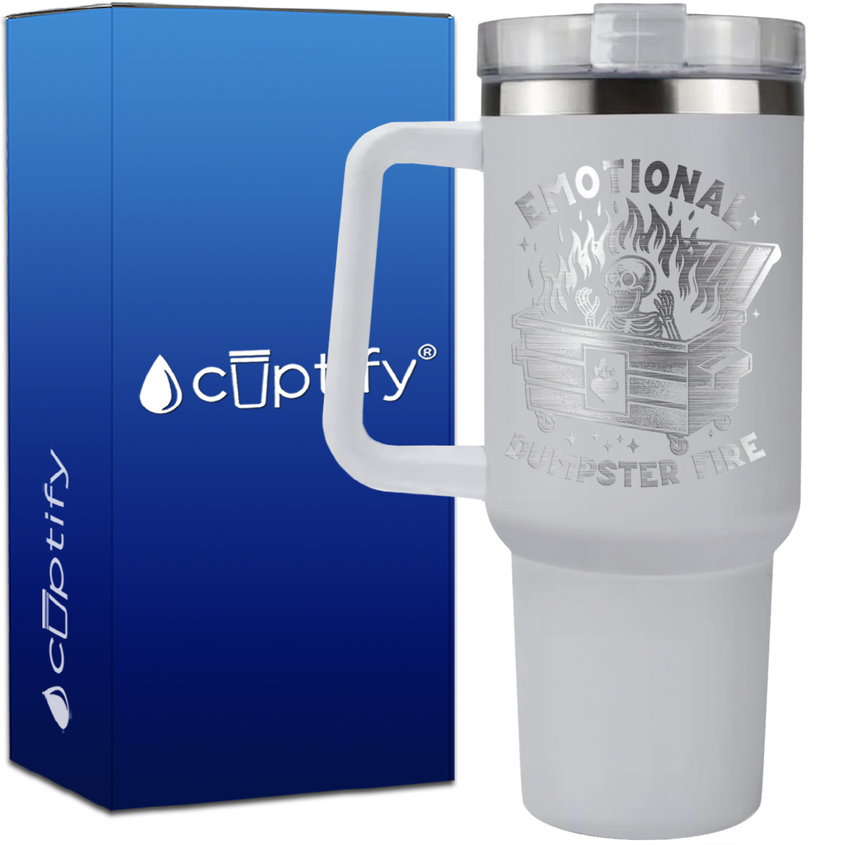 Emotional Dumpster Fire Skeleton on 40oz Funny Traveler Mug