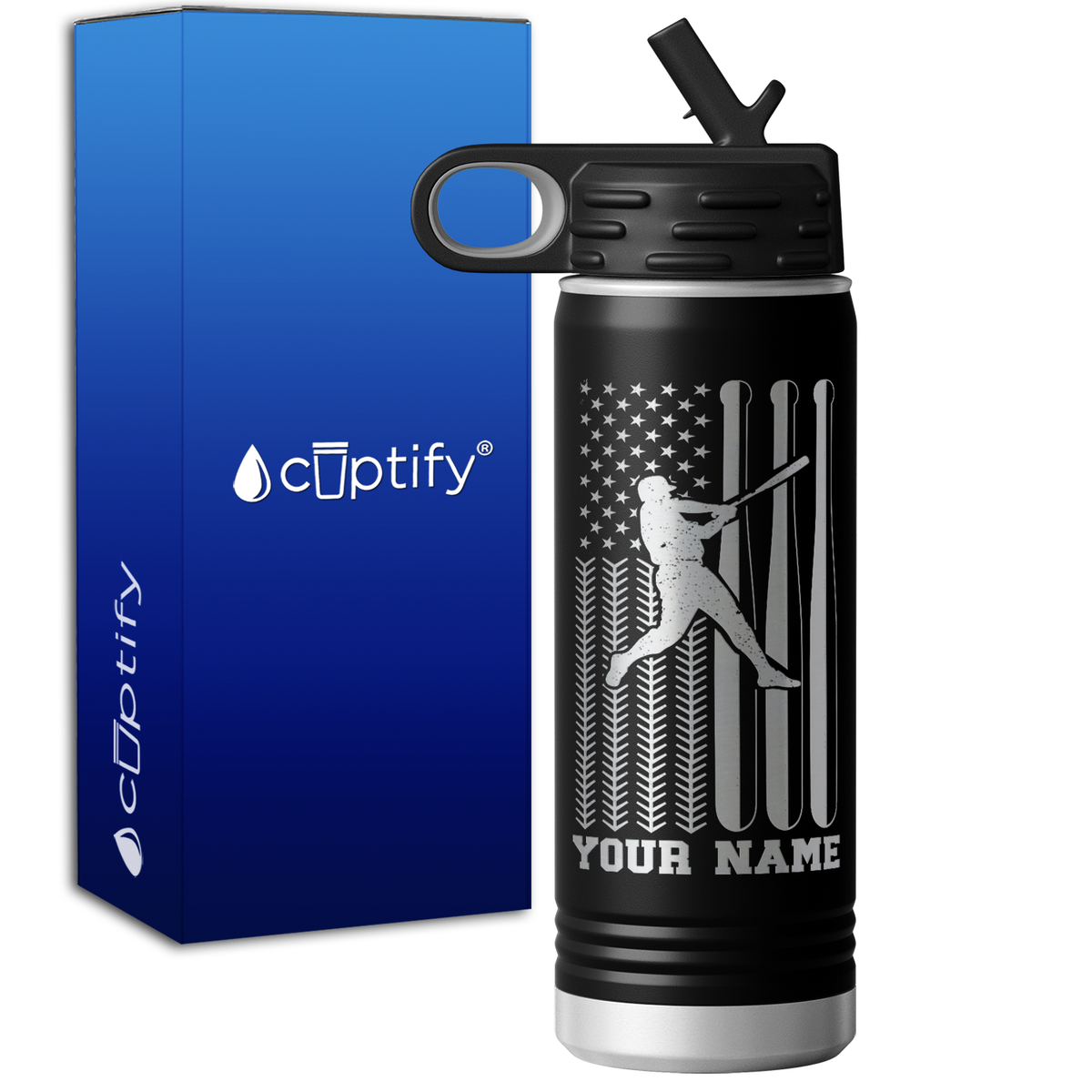 Baseball Player on America Baseball Flag 20oz Sport Water Bottle