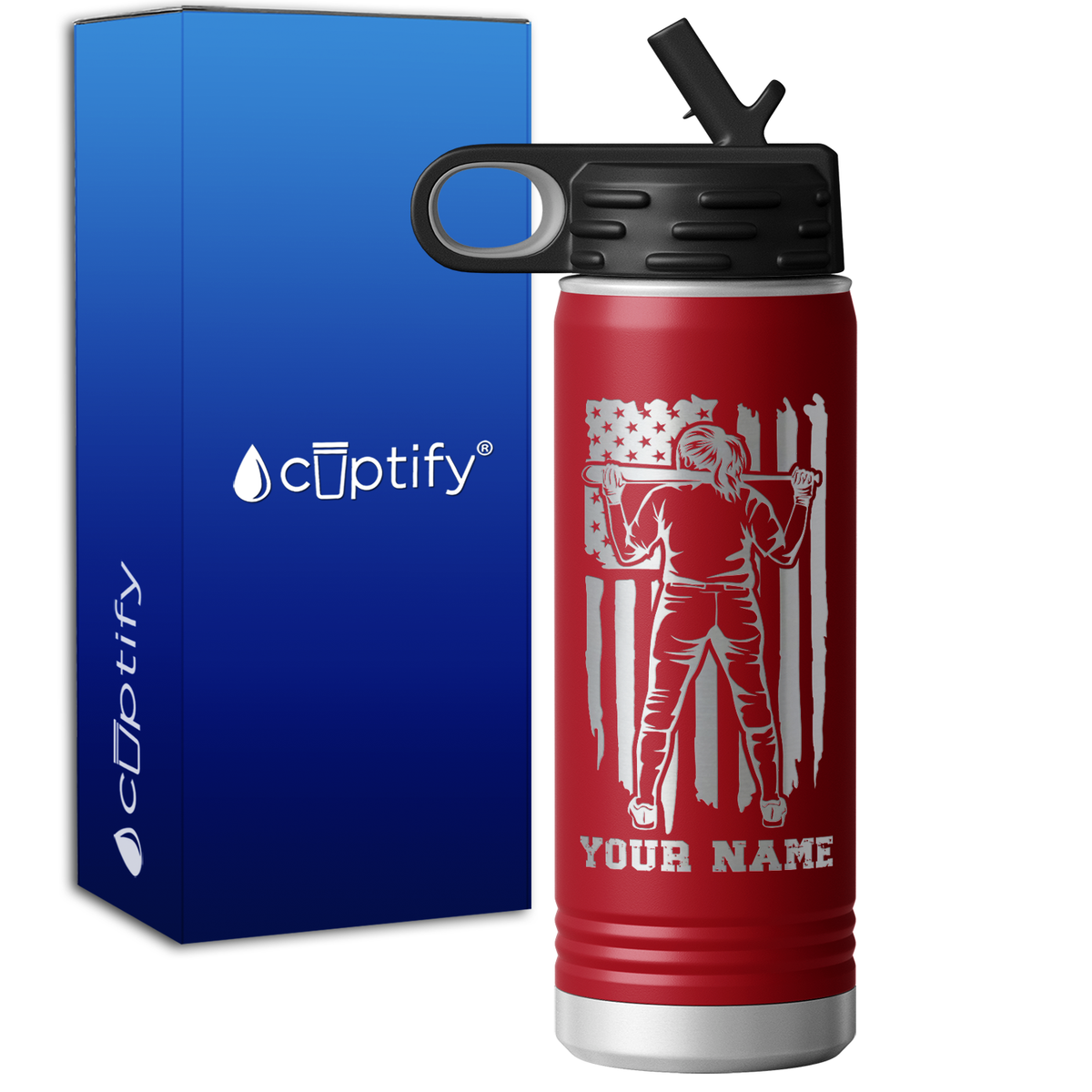 Personalized Softball Player on Distressed Flag 20oz Sport Water Bottle