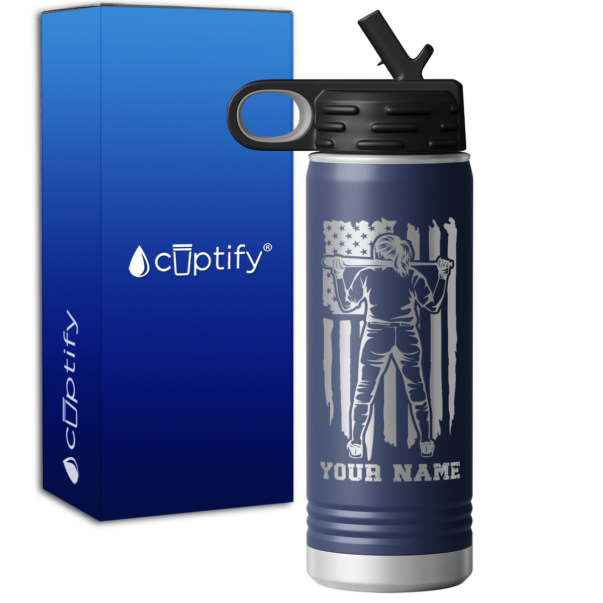 Personalized Softball Player on Distressed Flag 20oz Sport Water Bottle