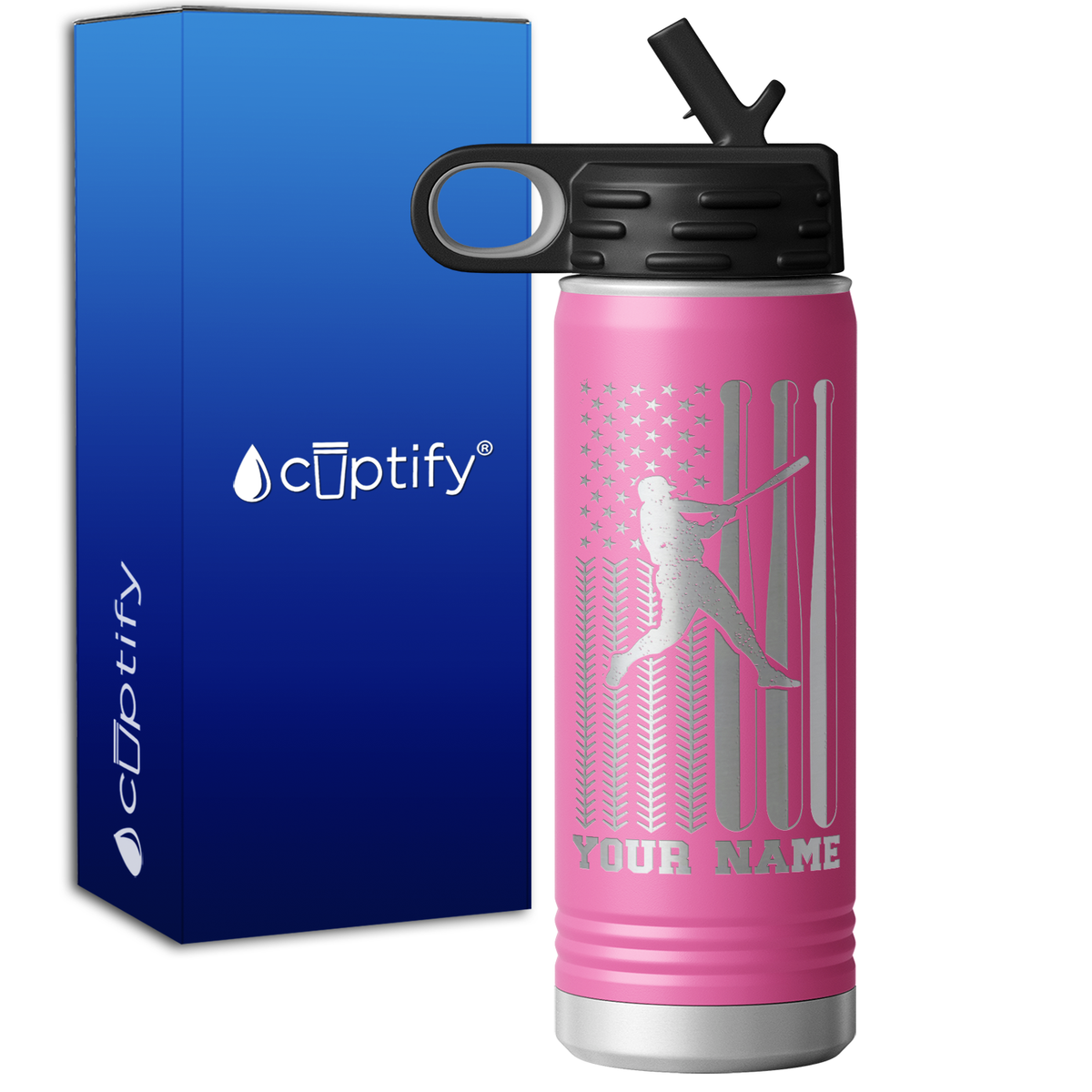 Baseball Player on America Baseball Flag 20oz Sport Water Bottle