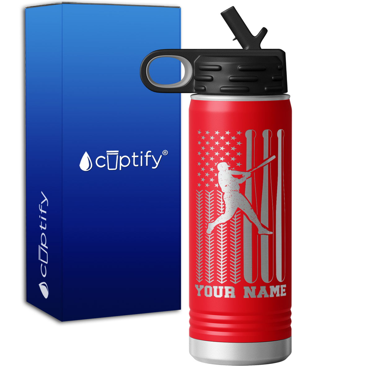 Baseball Player on America Baseball Flag 20oz Sport Water Bottle