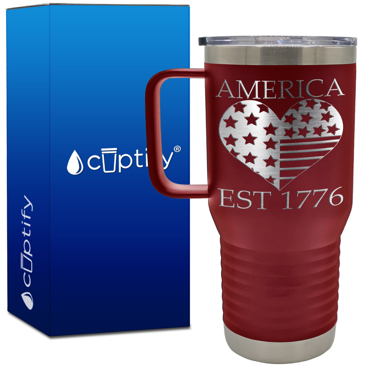 America Est 1776 Heart 20oz 4th of July Travel Mug