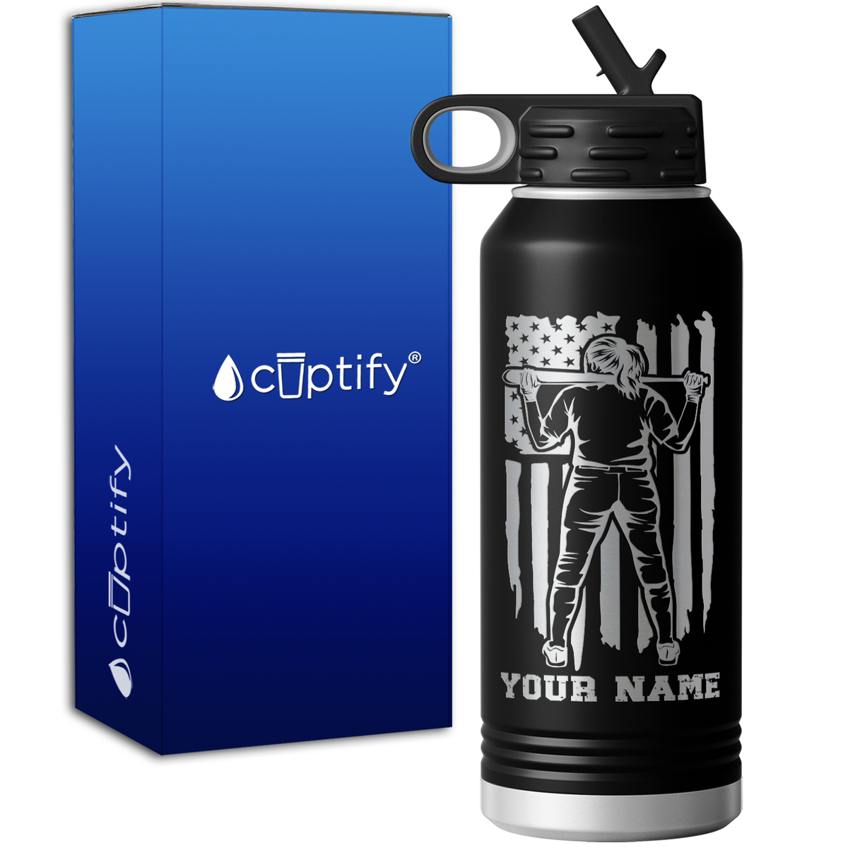 Personalized Softball Player on Distressed Flag 32oz Sport Water Bottle