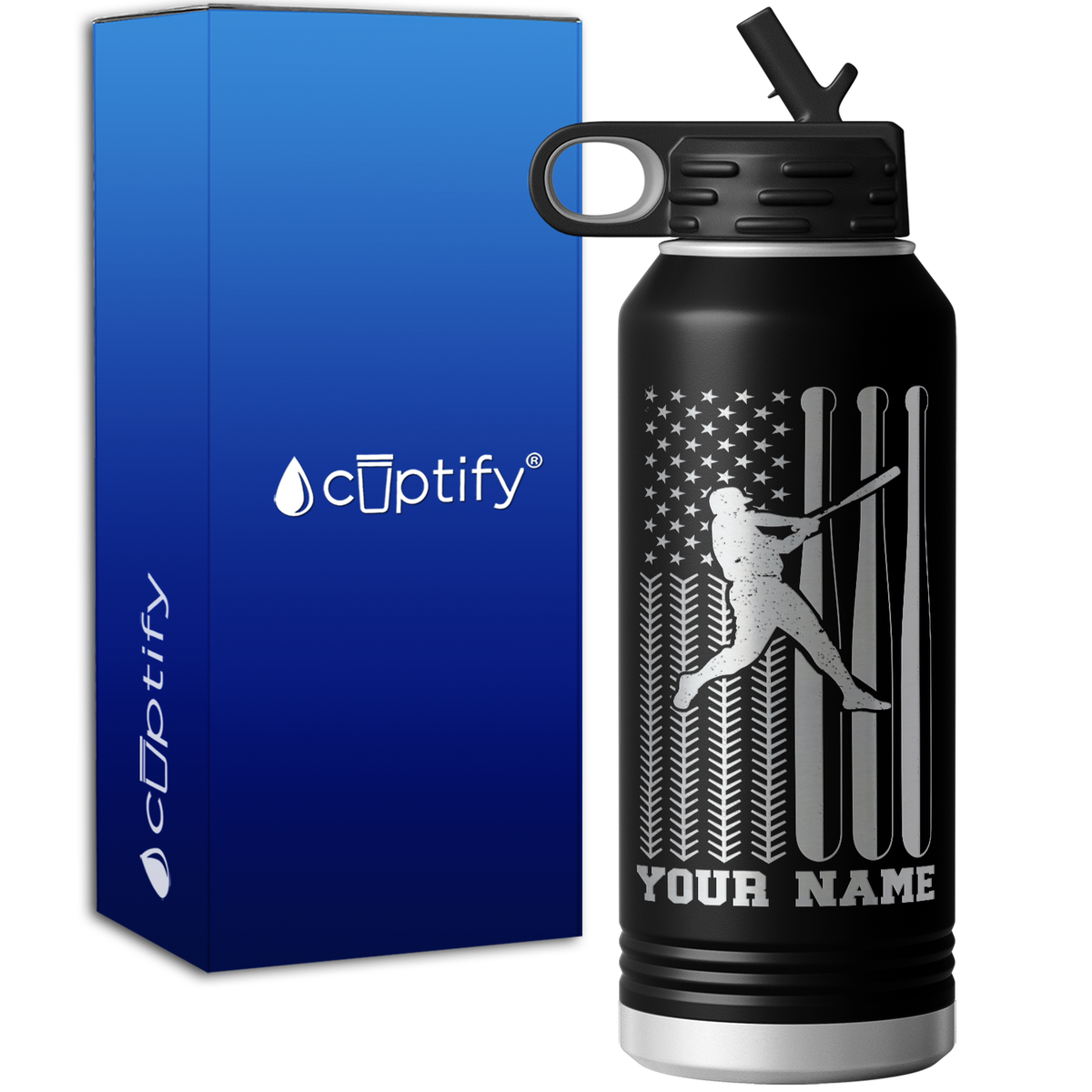 Baseball Player on America Baseball Flag 32oz Sport Water Bottle