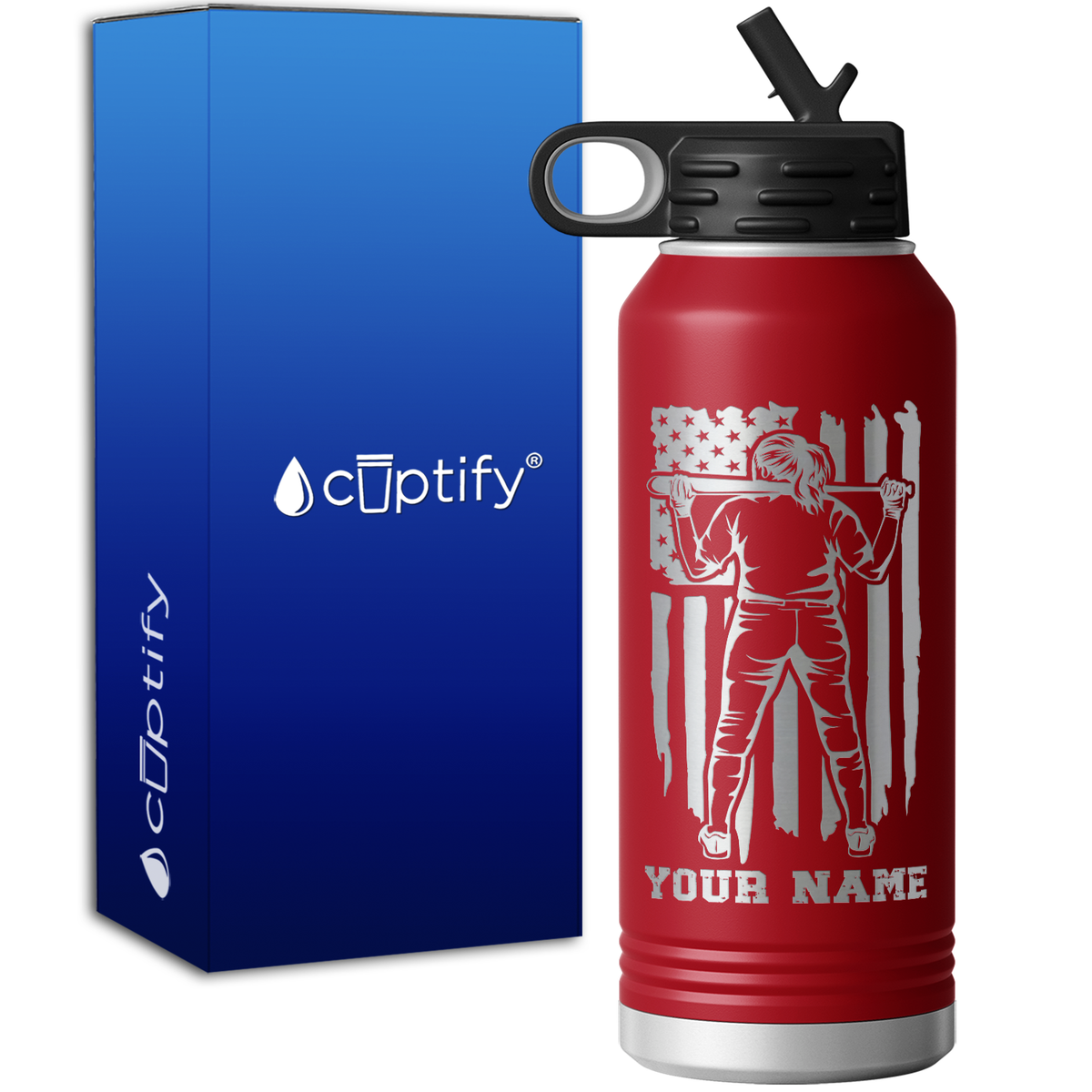 Personalized Softball Player on Distressed Flag 32oz Sport Water Bottle