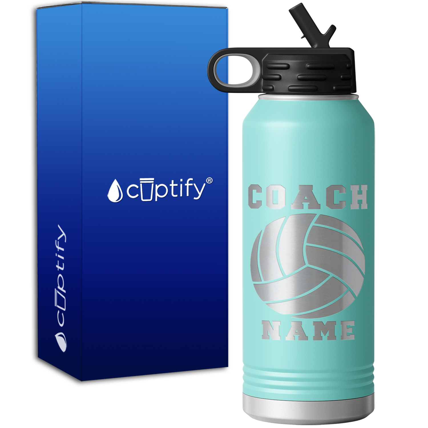 Personalized Volleyball Water Bottle - Custom Name Kids Team Aluminum Sport Bottle, 20 Ounce, Teal Color, 8.25" Height