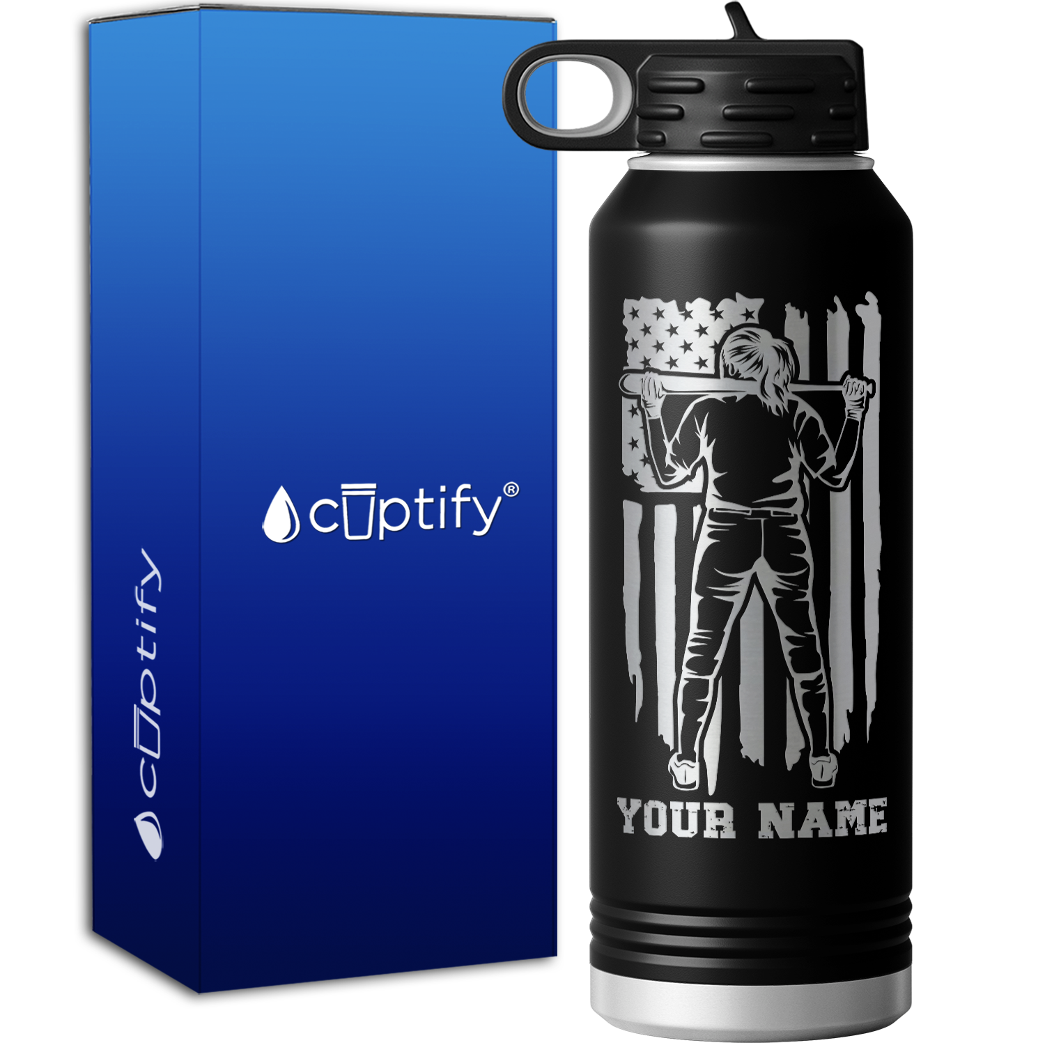 Softball Player on Distressed Flag 40oz Sport Water Bottle