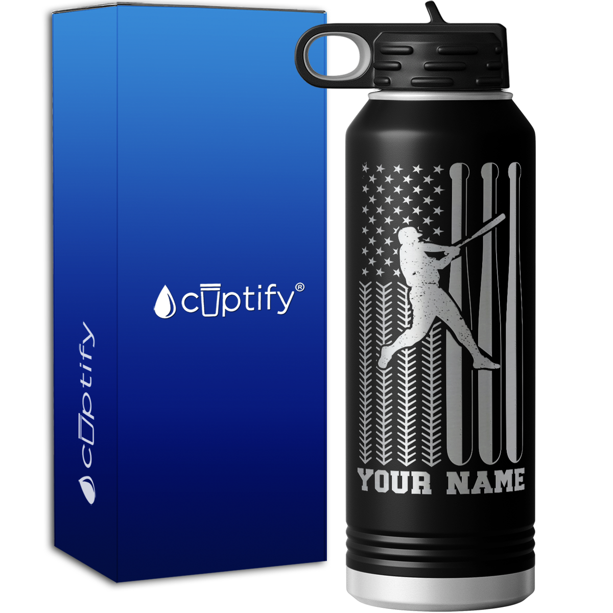 Baseball Player on America Baseball Flag 40oz Sport Water Bottle