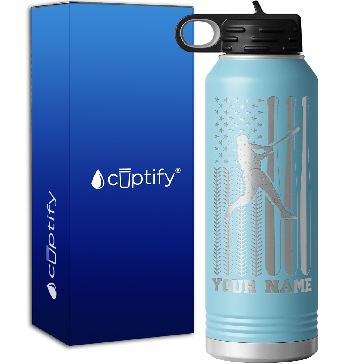 Baseball Player on America Baseball Flag 40oz Sport Water Bottle