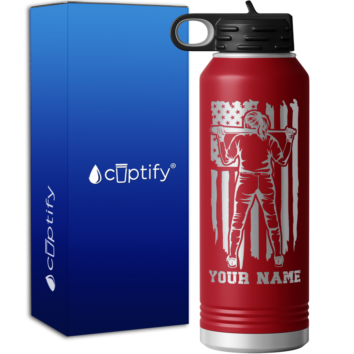 Softball Player on Distressed Flag 40oz Sport Water Bottle